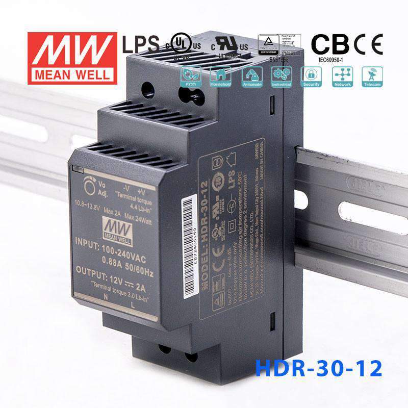 Mean Well HDR-30-12 Ultra Slim Step Shape Power Supply 30W 12V - DIN Rail